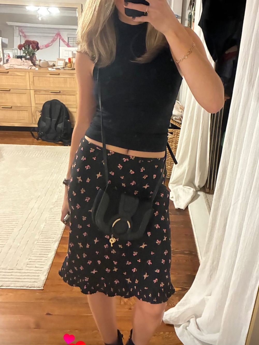 Ann Taylor Black Midi Skirt with Pink Floral Print